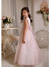 Pearl Neck Blush Pink Satin Tulle Ankle Length Flower Girl Dress